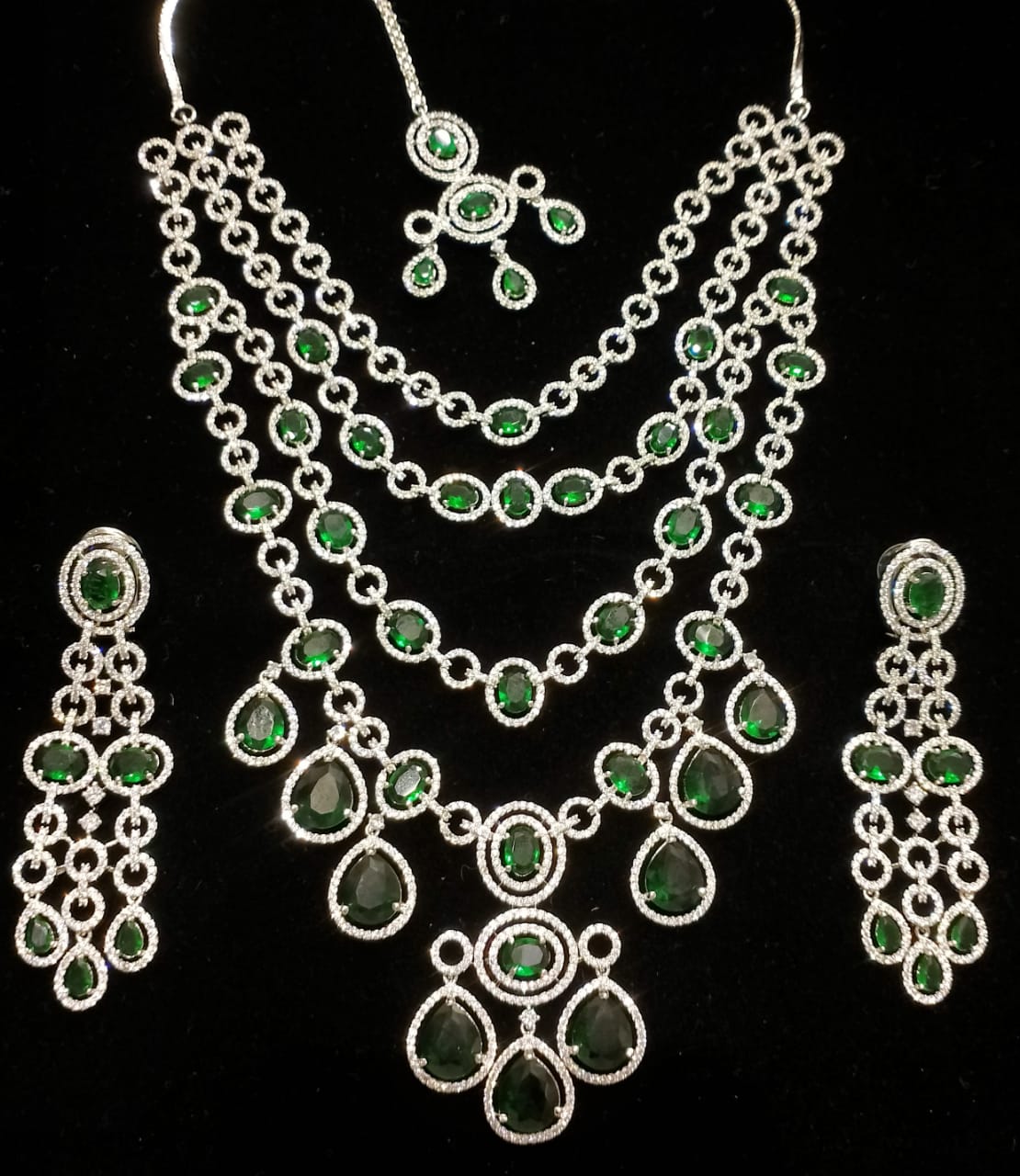 Layered  Zircon Necklace Set with Earrings & Maang Tikka