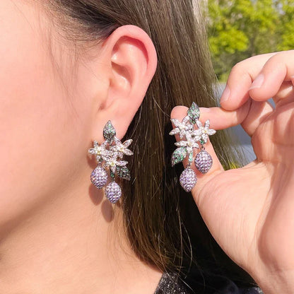 Floral Diamond Drop Earrings with Enamel Leaf Motif
