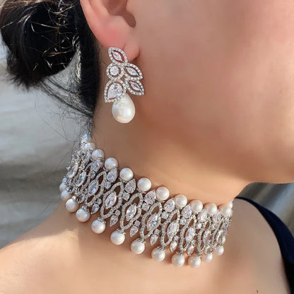 Rose Gold Pearl and Marquise Zirconia Choker Set
