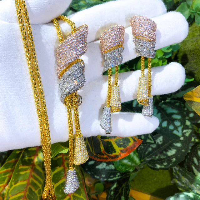 Tri-Color Pave Diamond Tassel Necklace and Earrings Set.