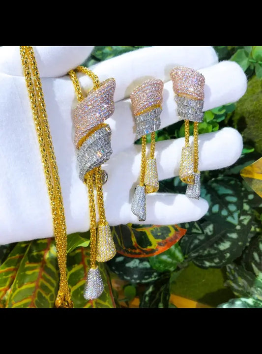 Tri-Color Pave Diamond Tassel Necklace and Earrings Set.