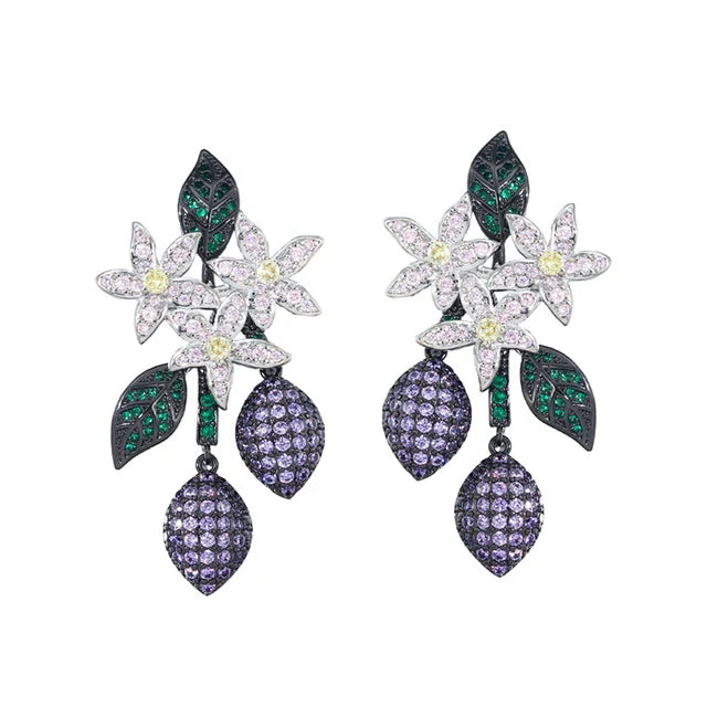Floral Diamond Drop Earrings with Enamel Leaf Motif
