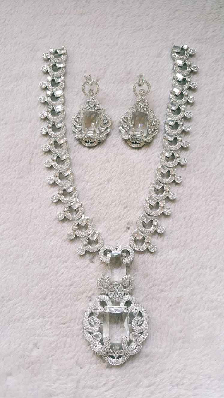 Emerald Shaped Halo Earrings & Necklace Set