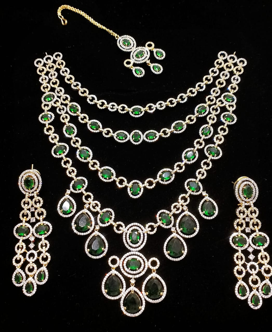 Layered  Zircon Necklace Set with Earrings & Maang Tikka