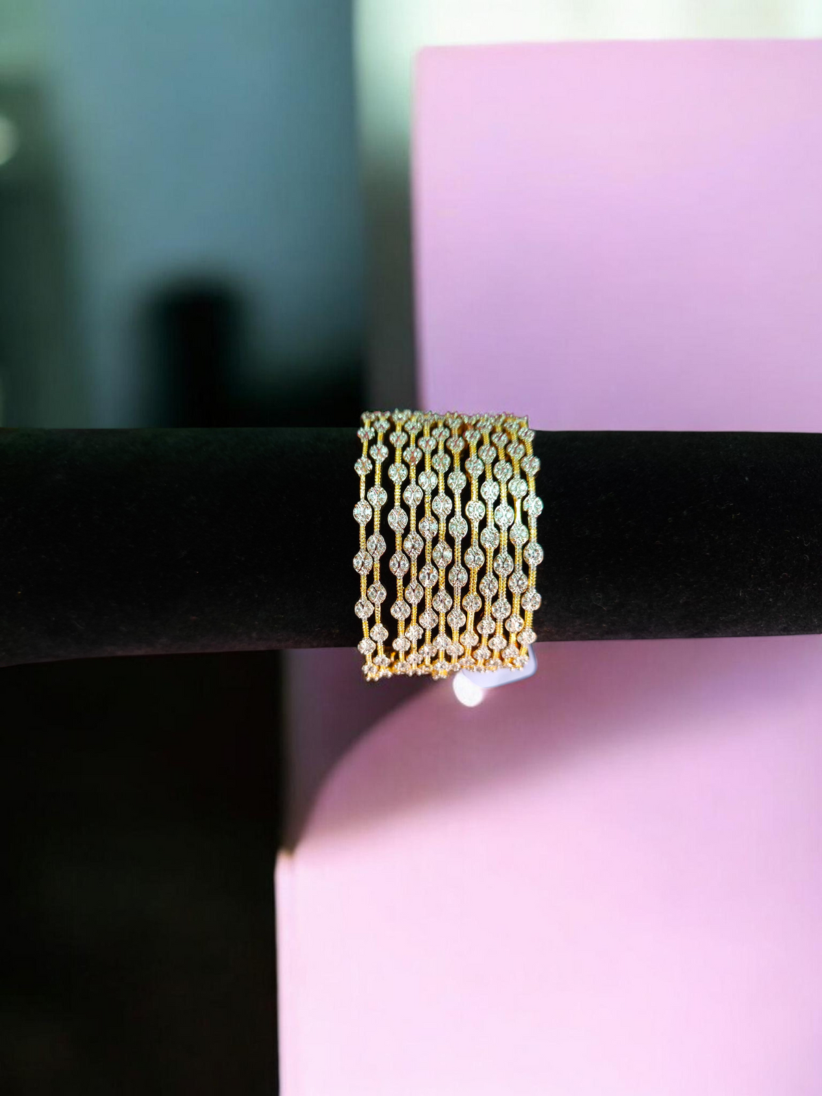 Yellow Gold CZ Zircon Wave Row Stackable Thin Bangle Set