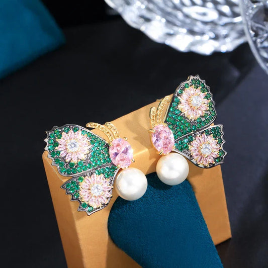 Butterfly Green & Pink Pearl Drop Earrings