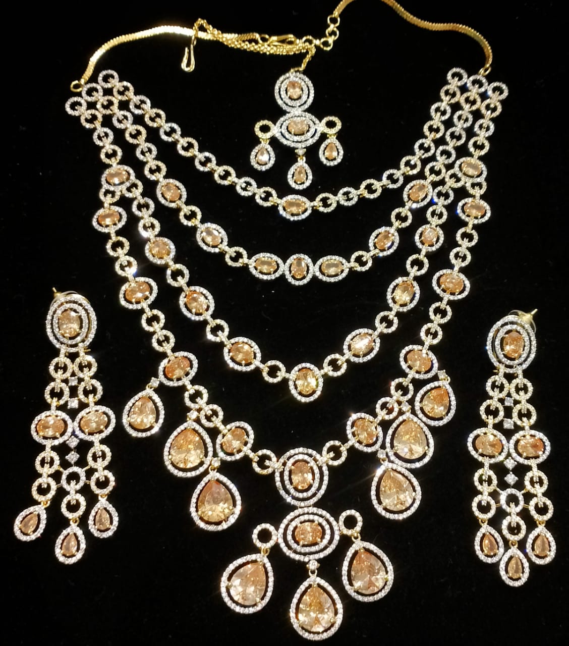 Layered  Zircon Necklace Set with Earrings & Maang Tikka