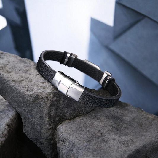 Men's Silver Treble Clef Leather Bracelet