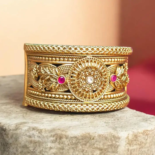 Gold Floral Disc Cuff Bangle