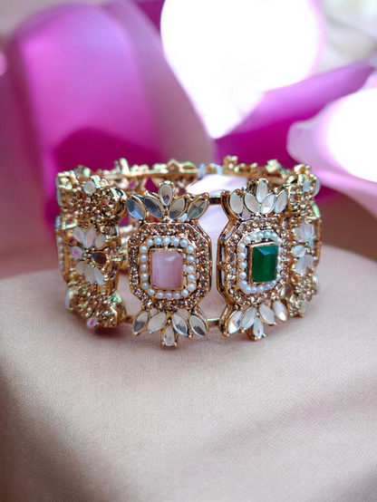 Rose Gold Ruby Emerald Opal Kundan Floral Wide Cuff Bangle