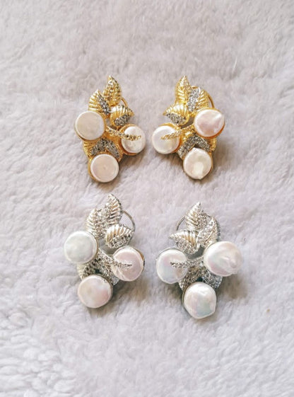 Olive Leaf Pearl Stud Earrings - Silver & Gold Plated