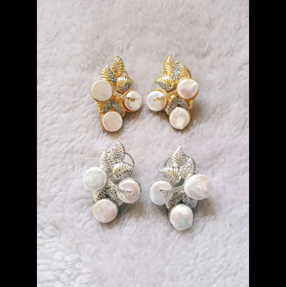 Olive Leaf Pearl Stud Earrings - Silver & Gold Plated
