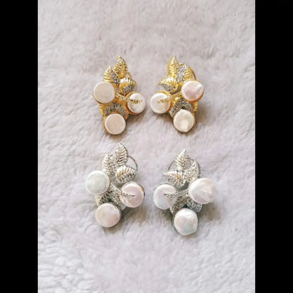 Olive Leaf Pearl Stud Earrings - Silver & Gold Plated