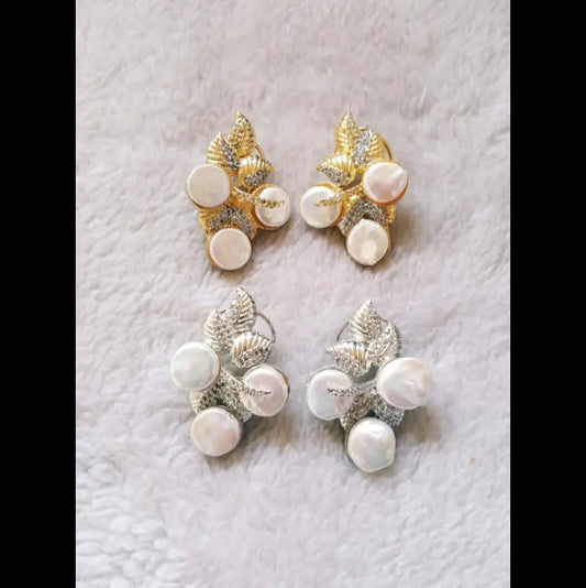 Olive Leaf Pearl Stud Earrings - Silver & Gold Plated