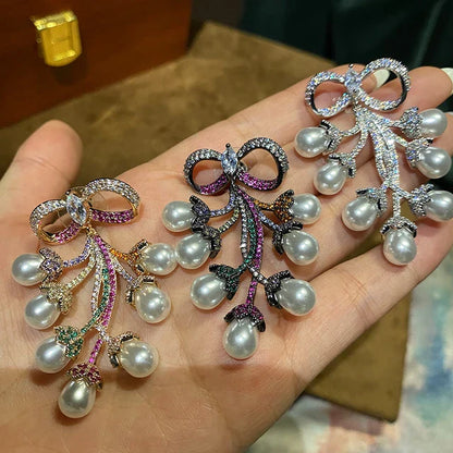 Crystal Bow Pearl Waterfall Earrings