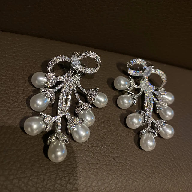 Crystal Bow Pearl Waterfall Earrings