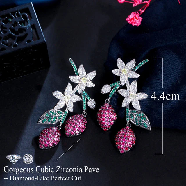 Floral Ruby & Diamond Drop Earrings with Enamel Leaves