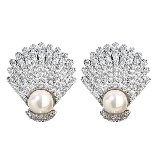 Diamond-Encrusted Shell Pearl Earrings