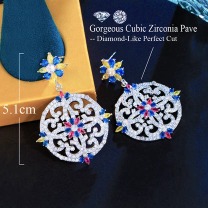 Vintage Hollow Round Flower Drop CZ Zirconia Earrings