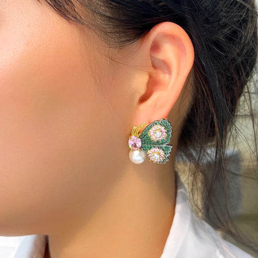 Butterfly Green & Pink Pearl Drop Earrings