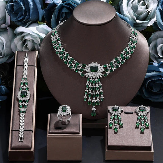 4PCS Green CZ Luxury African Jewelry Set