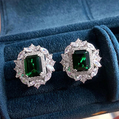 Green Emerald and Diamond Halo Stud Earrings