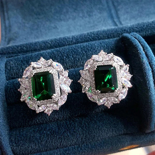 Green Emerald and Diamond Halo Stud Earrings