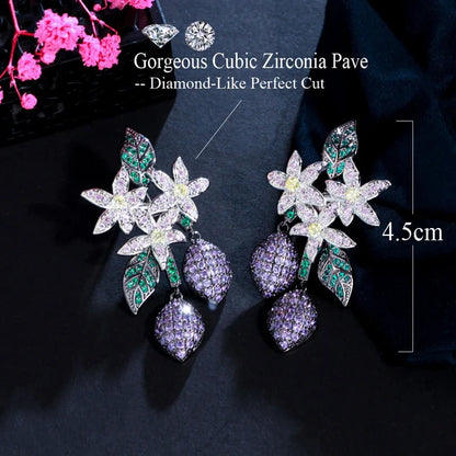 Floral Diamond Drop Earrings with Enamel Leaf Motif