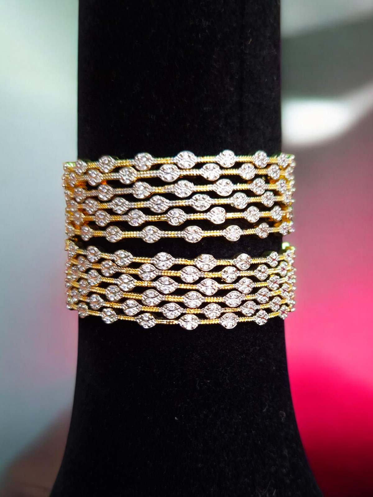 Yellow Gold CZ Zircon Wave Row Stackable Thin Bangle Set