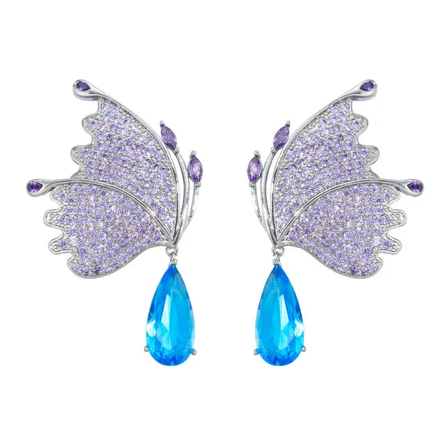 Blue Teardrop Purple Butterfly Earrings