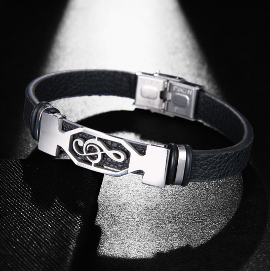 Men's Silver Treble Clef Leather Bracelet