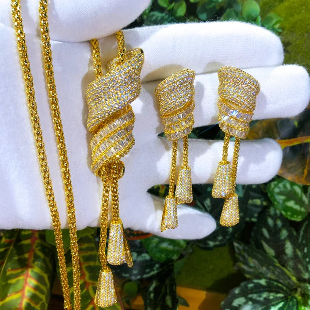 Tri-Color Pave Diamond Tassel Necklace and Earrings Set.