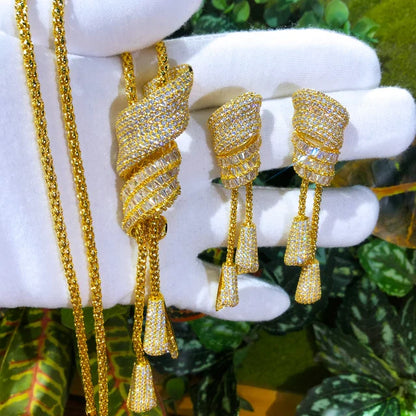 Tri-Color Pave Diamond Tassel Necklace and Earrings Set.