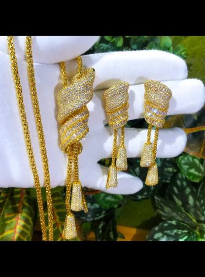 Tri-Color Pave Diamond Tassel Necklace and Earrings Set.