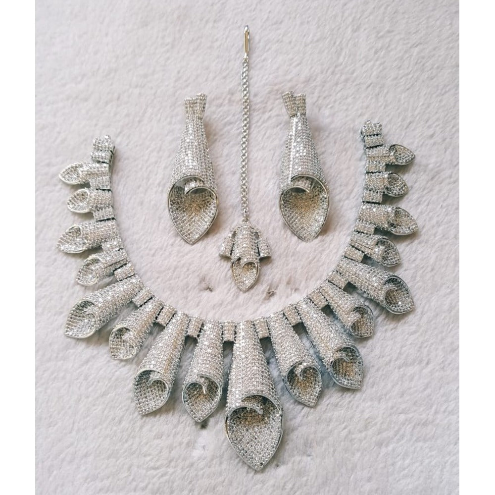 Silver Leaf Necklace Set with Earrings & Maang Tikka