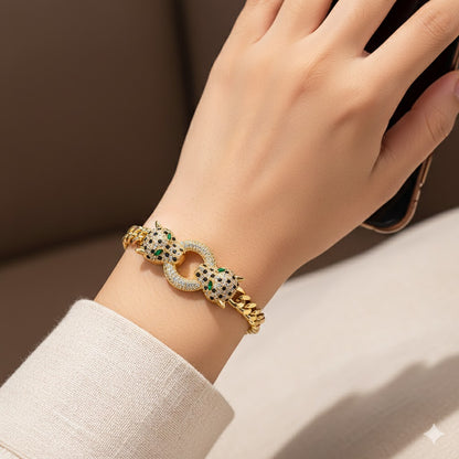 Double Panther Head Cuban Link Bracelet